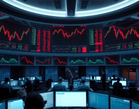 Financial trading floor screens showing global market data and economic indicators
