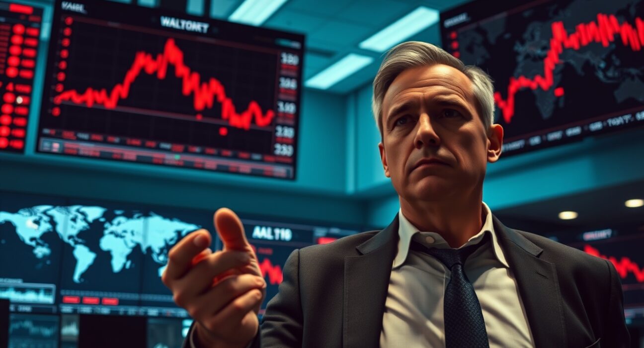 Analyst monitoring falling crypto prices on screens amid global macro uncertainty