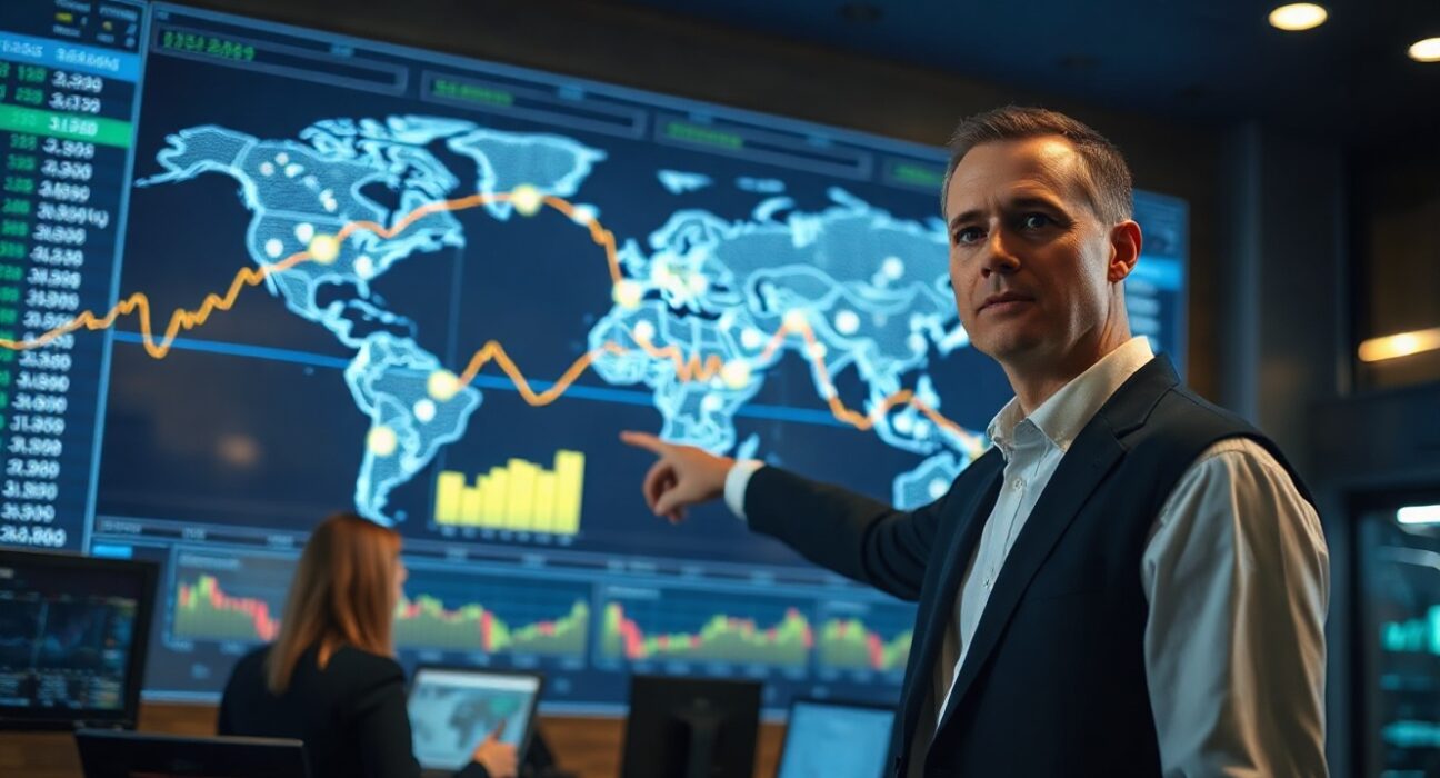 Financial analyst reviewing global economic data on digital screen in trading floor