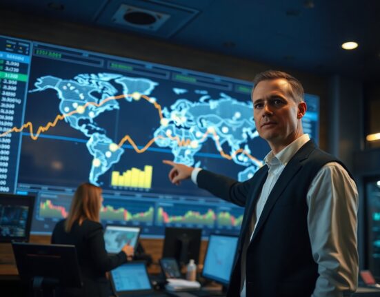 Financial analyst reviewing global economic data on digital screen in trading floor