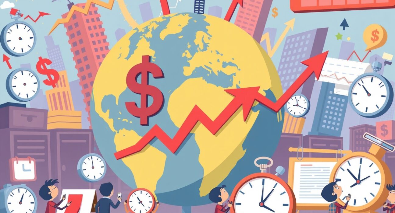 A cartoon illustration of a bustling trading floor, highlighting the week's Global Macroeconomic Calendar events and their impact on markets.