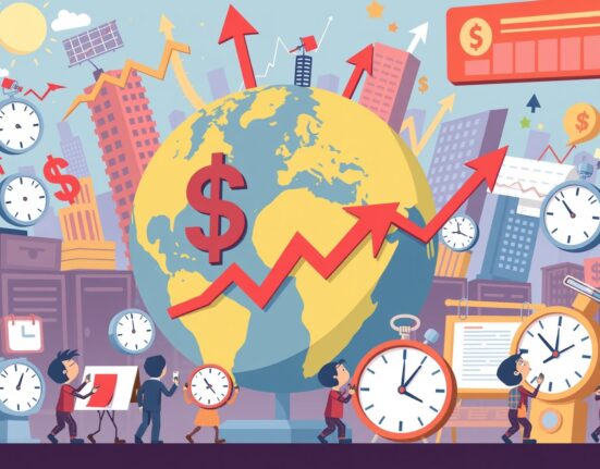 A cartoon illustration of a bustling trading floor, highlighting the week's Global Macroeconomic Calendar events and their impact on markets.