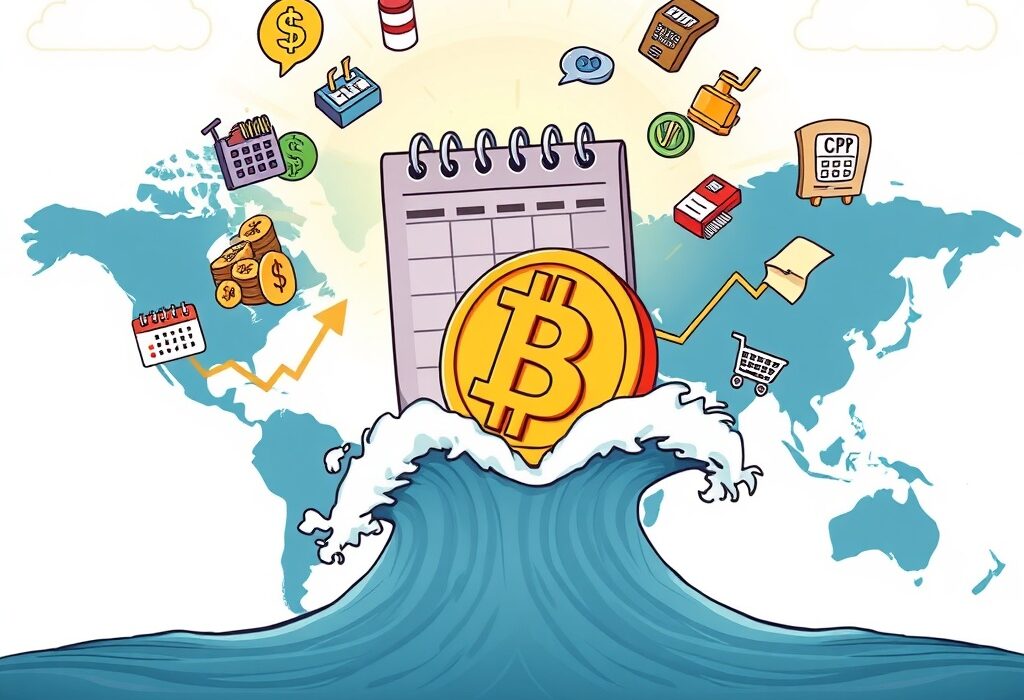 A vibrant cartoon depicting global macroeconomic events influencing cryptocurrency market volatility, highlighting key financial indicators.