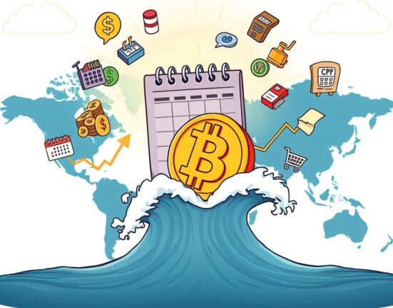 A vibrant cartoon depicting global macroeconomic events influencing cryptocurrency market volatility, highlighting key financial indicators.