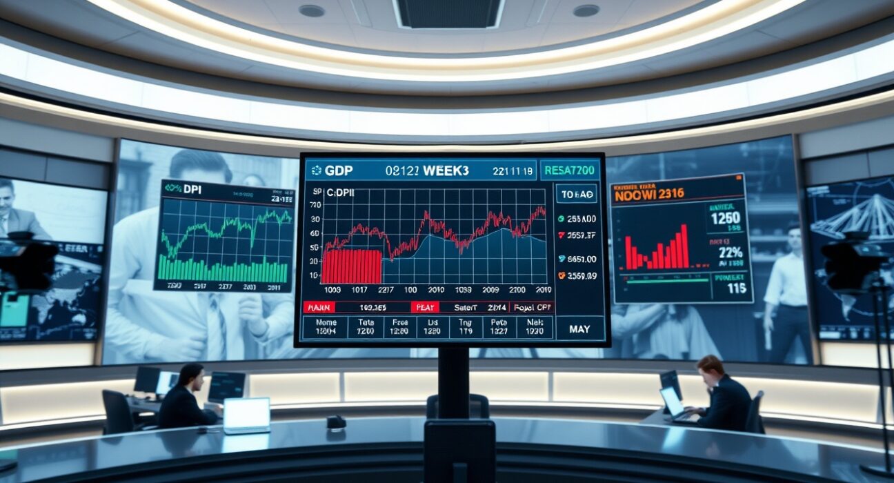 Financial news studio display showing economic data dashboard for the second week of May