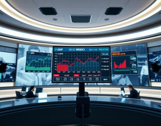 Financial news studio display showing economic data dashboard for the second week of May