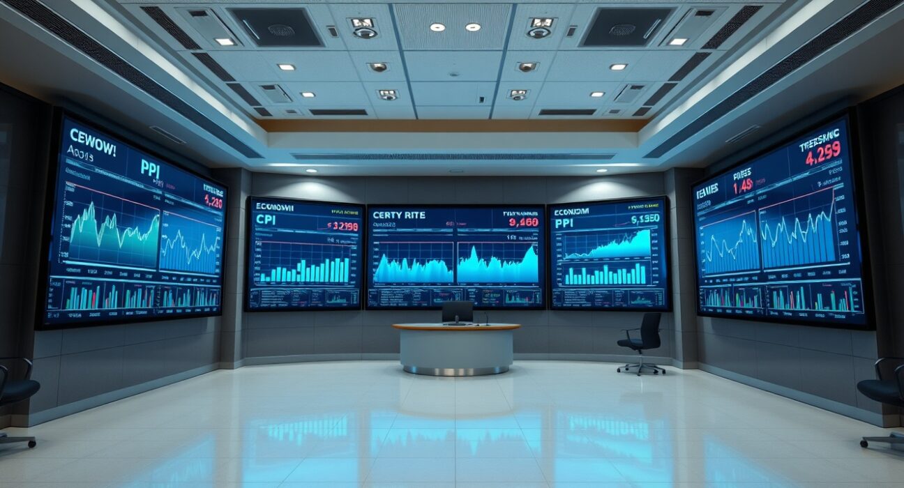 Financial data screens showing economic indicators like CPI and PPI in a modern newsroom