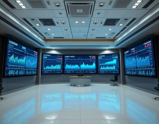 Financial data screens showing economic indicators like CPI and PPI in a modern newsroom