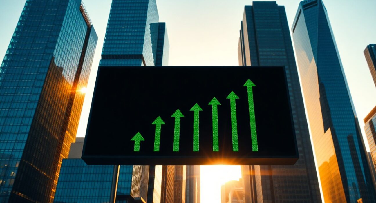 Global stock market rally with upward trend on digital board over city skyline