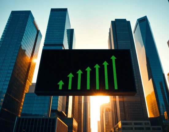 Global stock market rally with upward trend on digital board over city skyline