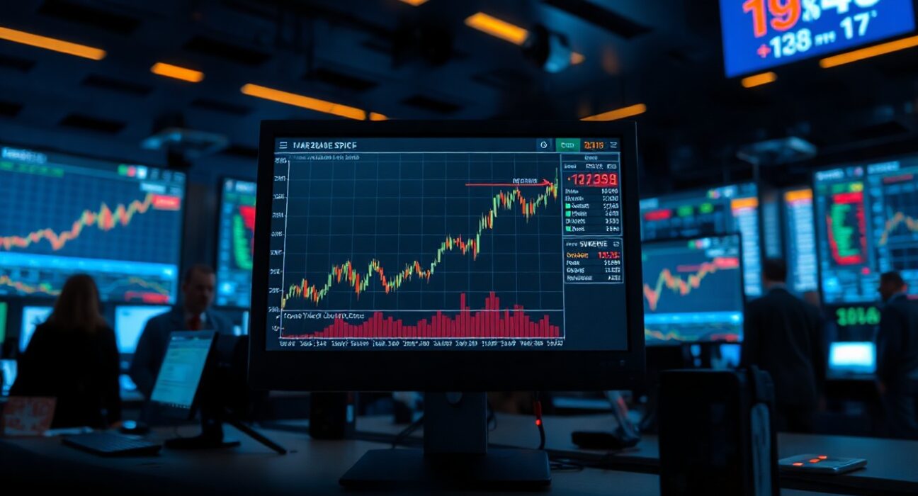 Trading desk monitors showing oil price spike, bond yield inversion, and stock decline amid geopolitical conflict.