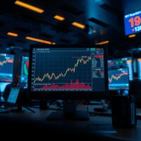 Trading desk monitors showing oil price spike, bond yield inversion, and stock decline amid geopolitical conflict.