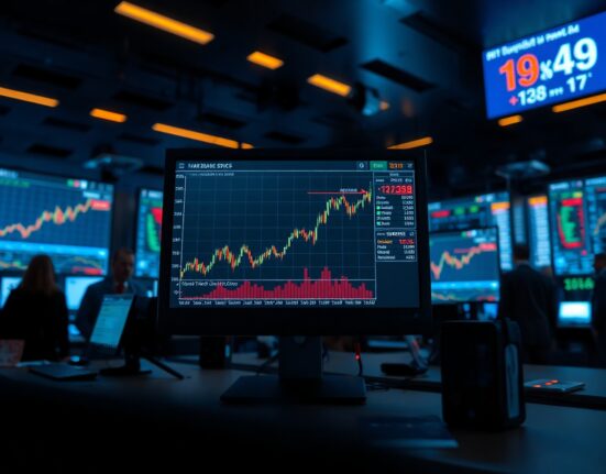Trading desk monitors showing oil price spike, bond yield inversion, and stock decline amid geopolitical conflict.