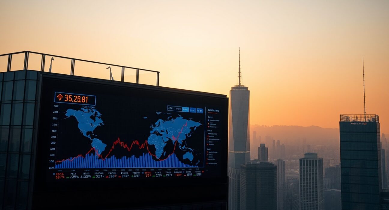 Financial district skyline with stock charts on a screen, symbolizing economic resilience amid geopolitical tensions.