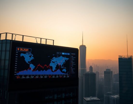 Financial district skyline with stock charts on a screen, symbolizing economic resilience amid geopolitical tensions.