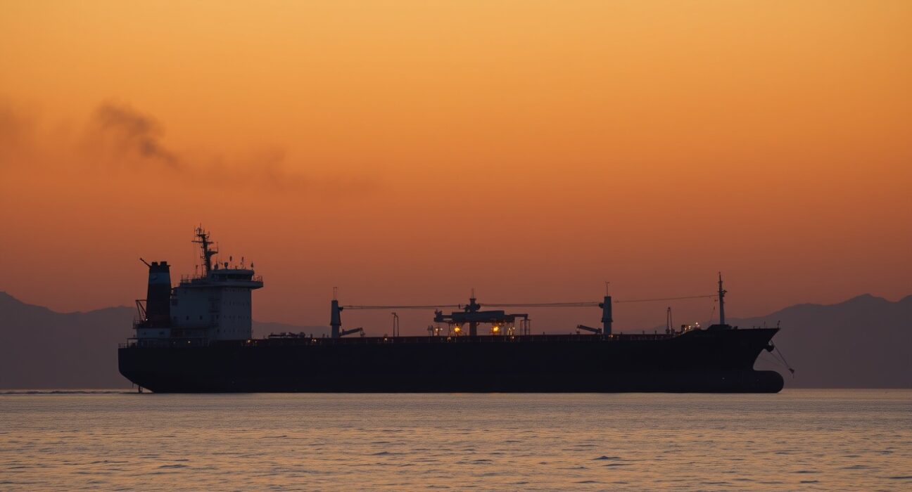 Oil tanker near blockaded Strait of Hormuz during Iran war, illustrating supply disruption and inventory depletion