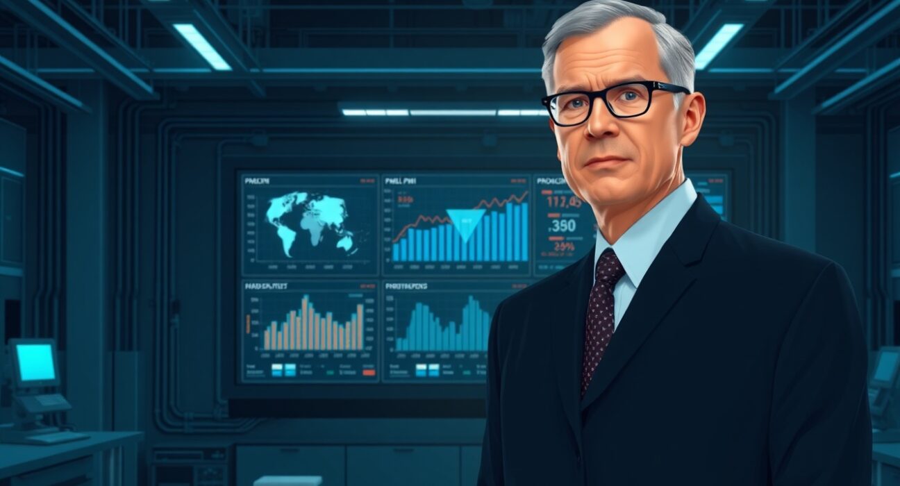 Manufacturing executive analyzes global PMI data dashboard showing inflation trends and production metrics.
