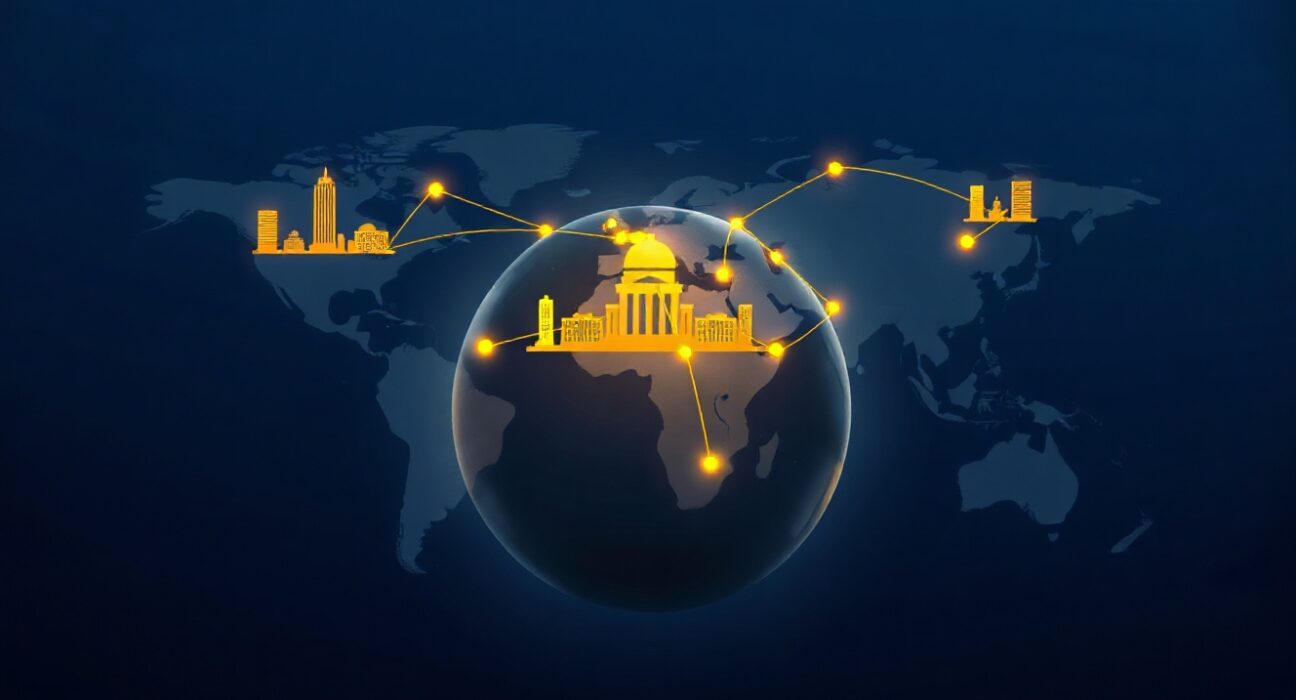 World map with glowing financial hubs and converging interest rate trend lines