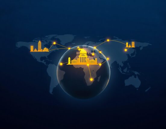 World map with glowing financial hubs and converging interest rate trend lines