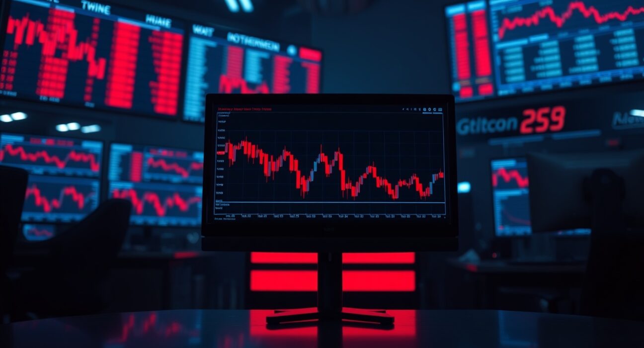 Trading floor monitor displaying falling stock charts during a global tech selloff, reflecting risk-off market mood.