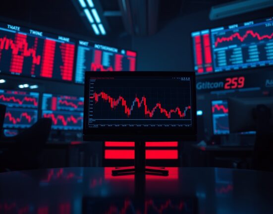 Trading floor monitor displaying falling stock charts during a global tech selloff, reflecting risk-off market mood.