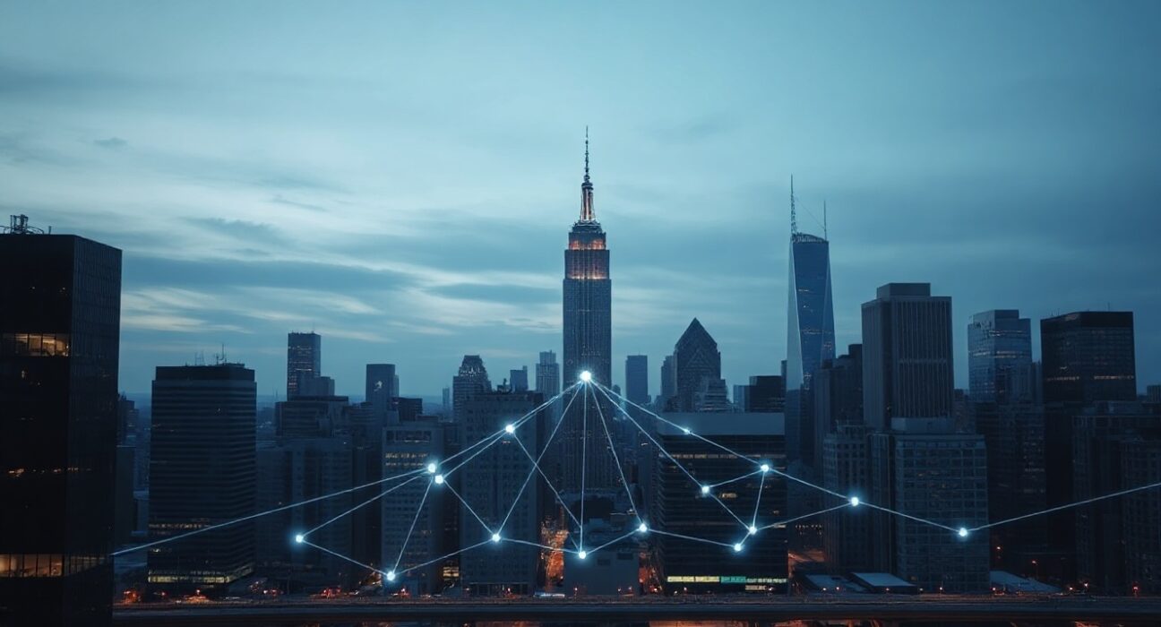 Digital overlay on financial district skyline representing tokenized asset growth