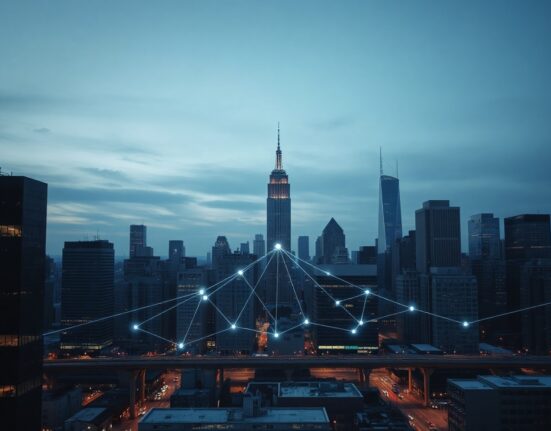 Digital overlay on financial district skyline representing tokenized asset growth