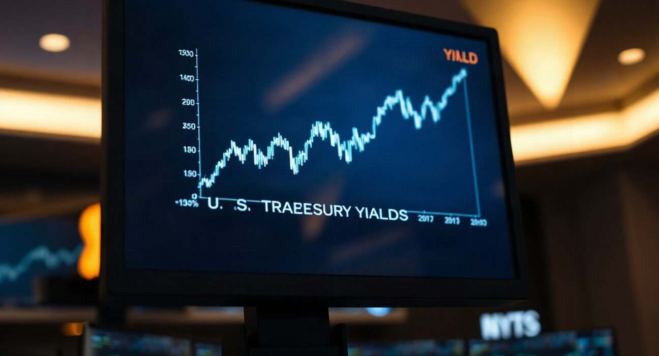Trading floor monitor showing rising U.S. Treasury yields chart
