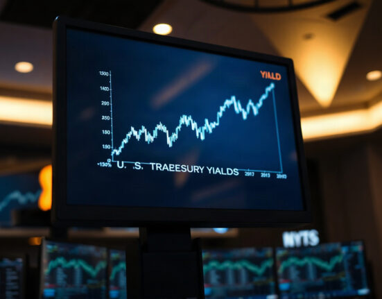 Trading floor monitor showing rising U.S. Treasury yields chart