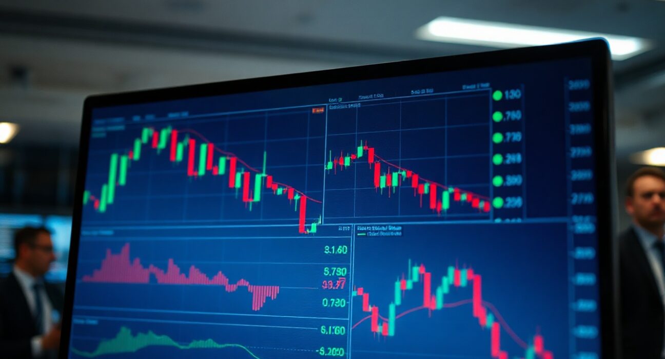 Financial market charts showing declining trends on a trading screen