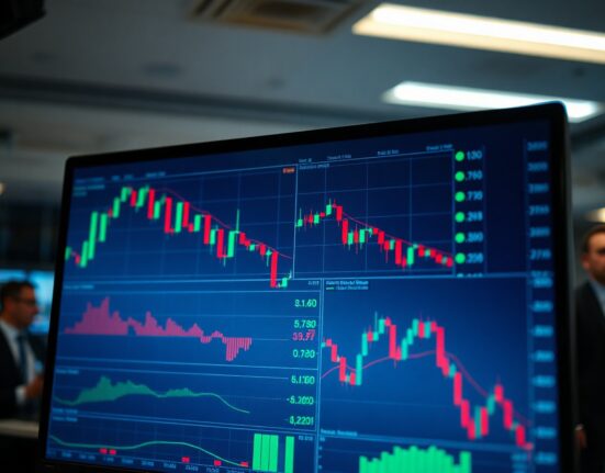 Financial market charts showing declining trends on a trading screen