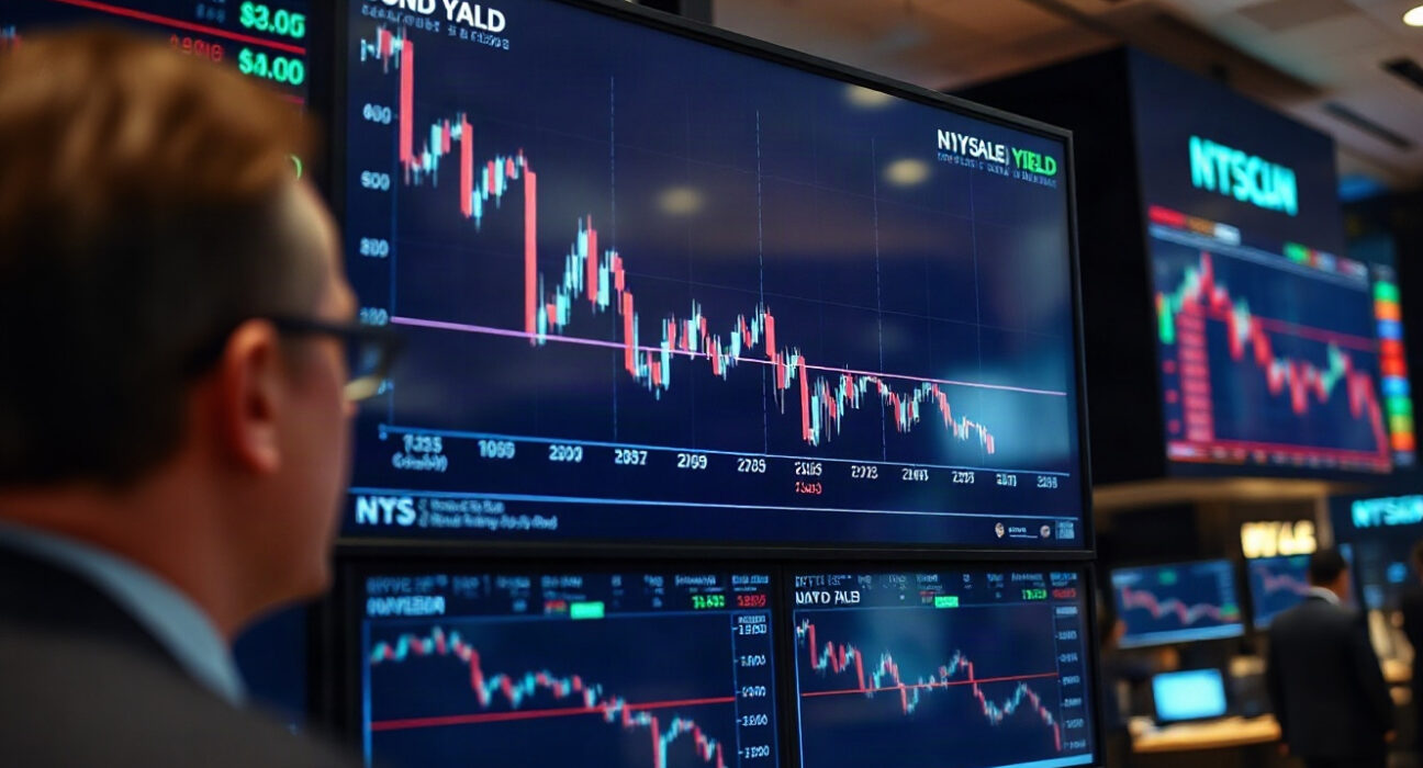 Trading floor screens showing bond yield charts after U.S. Treasury buybacks
