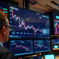Trading floor screens showing bond yield charts after U.S. Treasury buybacks