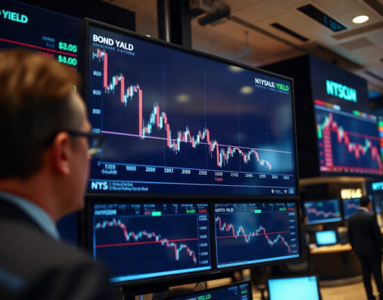 Trading floor screens showing bond yield charts after U.S. Treasury buybacks