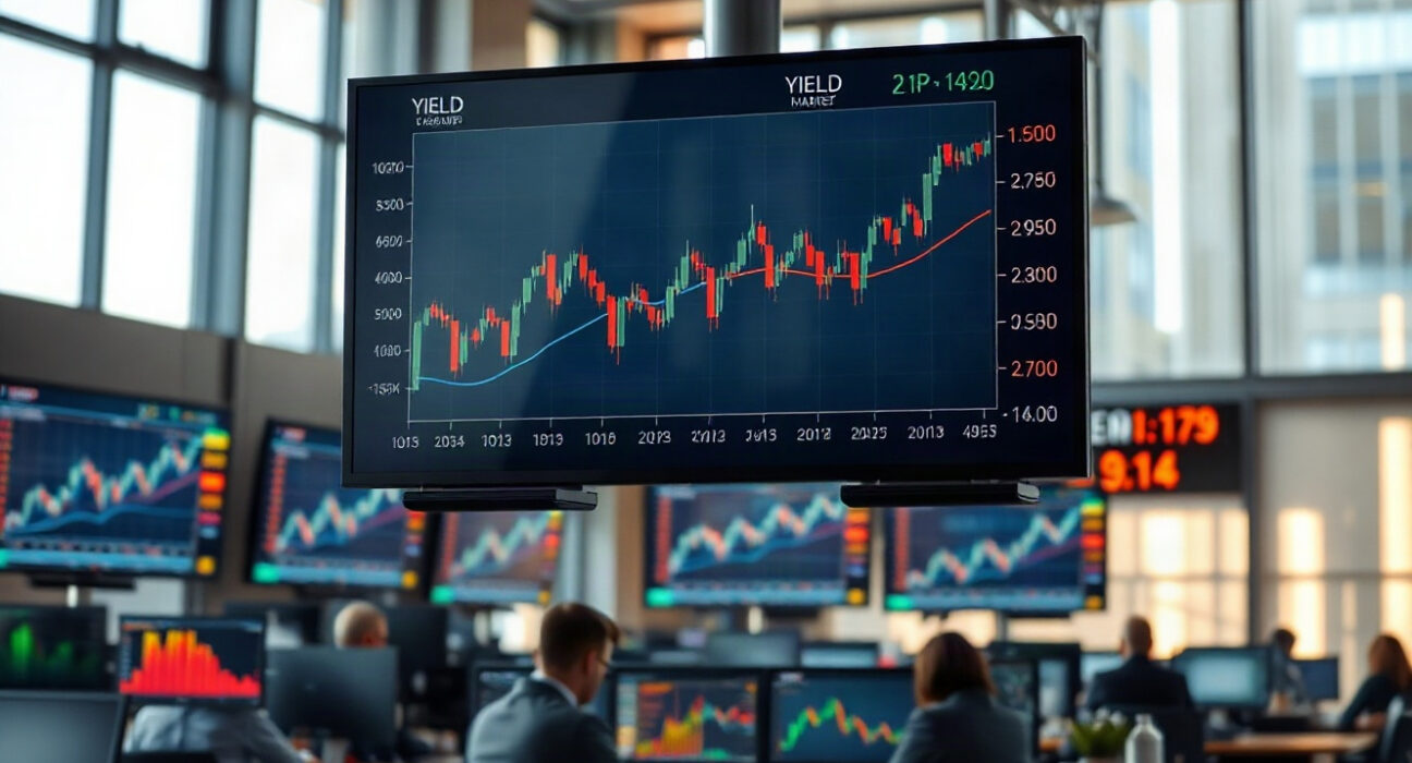 Trading floor screens showing global yield curves stabilizing after U.S. sanctions threat
