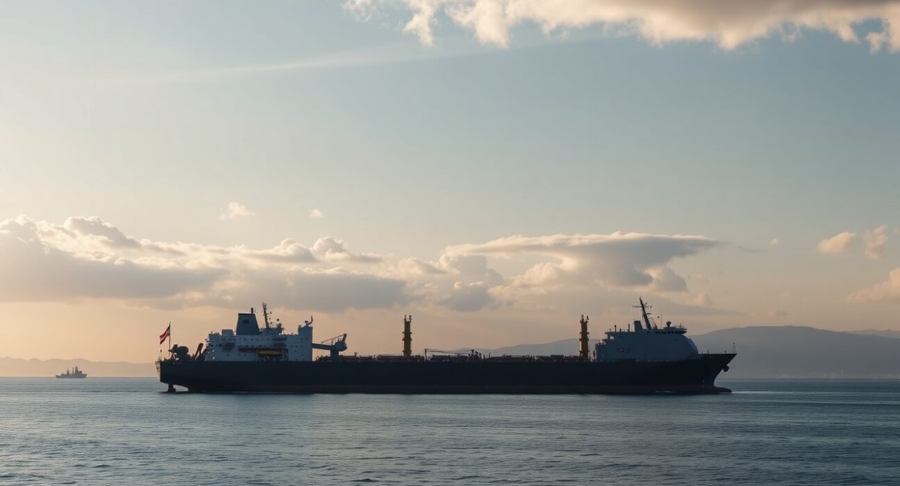 Oil tanker and naval vessel in the Strait of Hormuz at dawn under partly cloudy sky