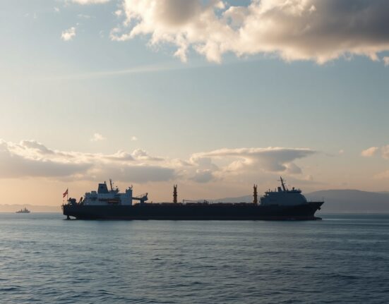 Oil tanker and naval vessel in the Strait of Hormuz at dawn under partly cloudy sky