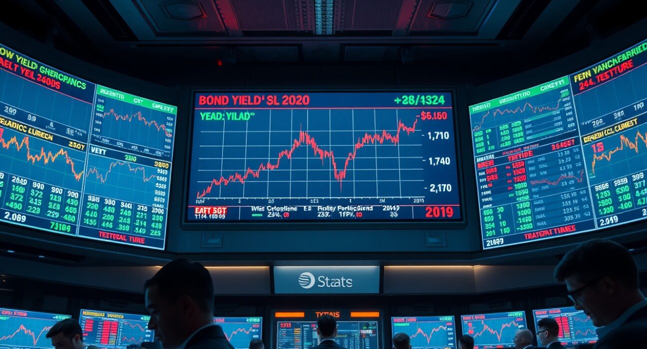 Traders monitoring bond yield charts and geopolitical news on trading floor screens after U.S.-Iran escalation.