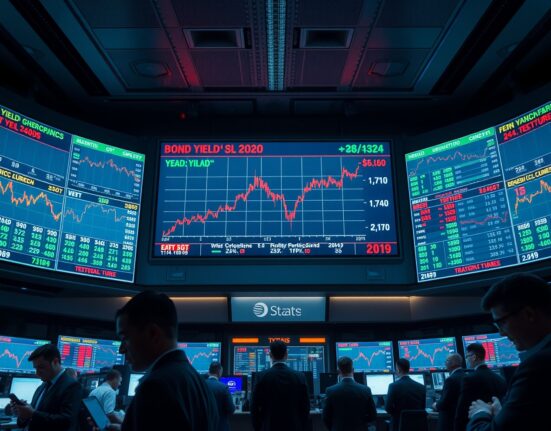 Traders monitoring bond yield charts and geopolitical news on trading floor screens after U.S.-Iran escalation.