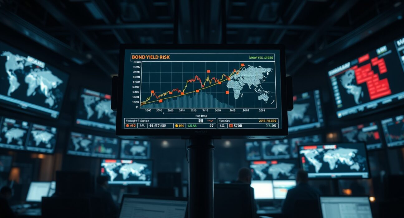 Trading floor monitors showing bond yield charts amid rising geopolitical tensions