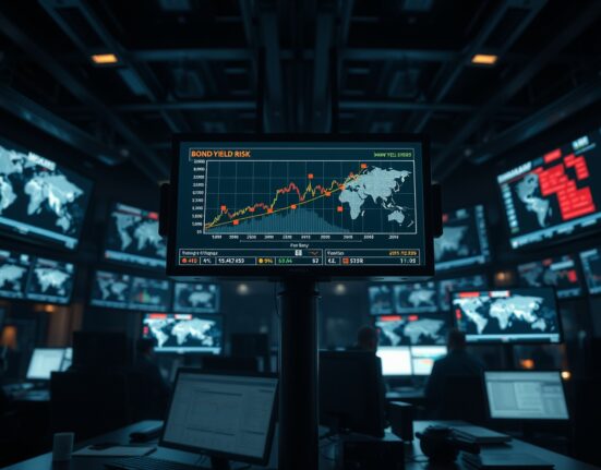 Trading floor monitors showing bond yield charts amid rising geopolitical tensions