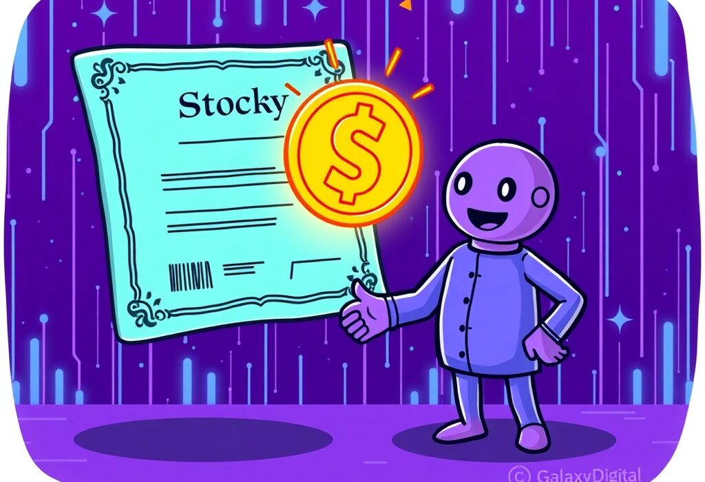 A cartoon illustration showing the innovative launch of GLXY stock as a tokenized asset, symbolizing the future of on-chain finance.