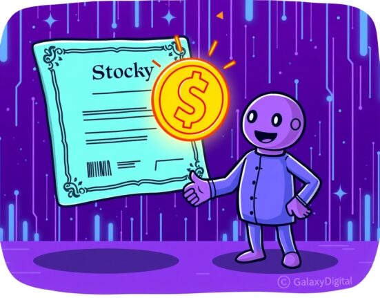 A cartoon illustration showing the innovative launch of GLXY stock as a tokenized asset, symbolizing the future of on-chain finance.