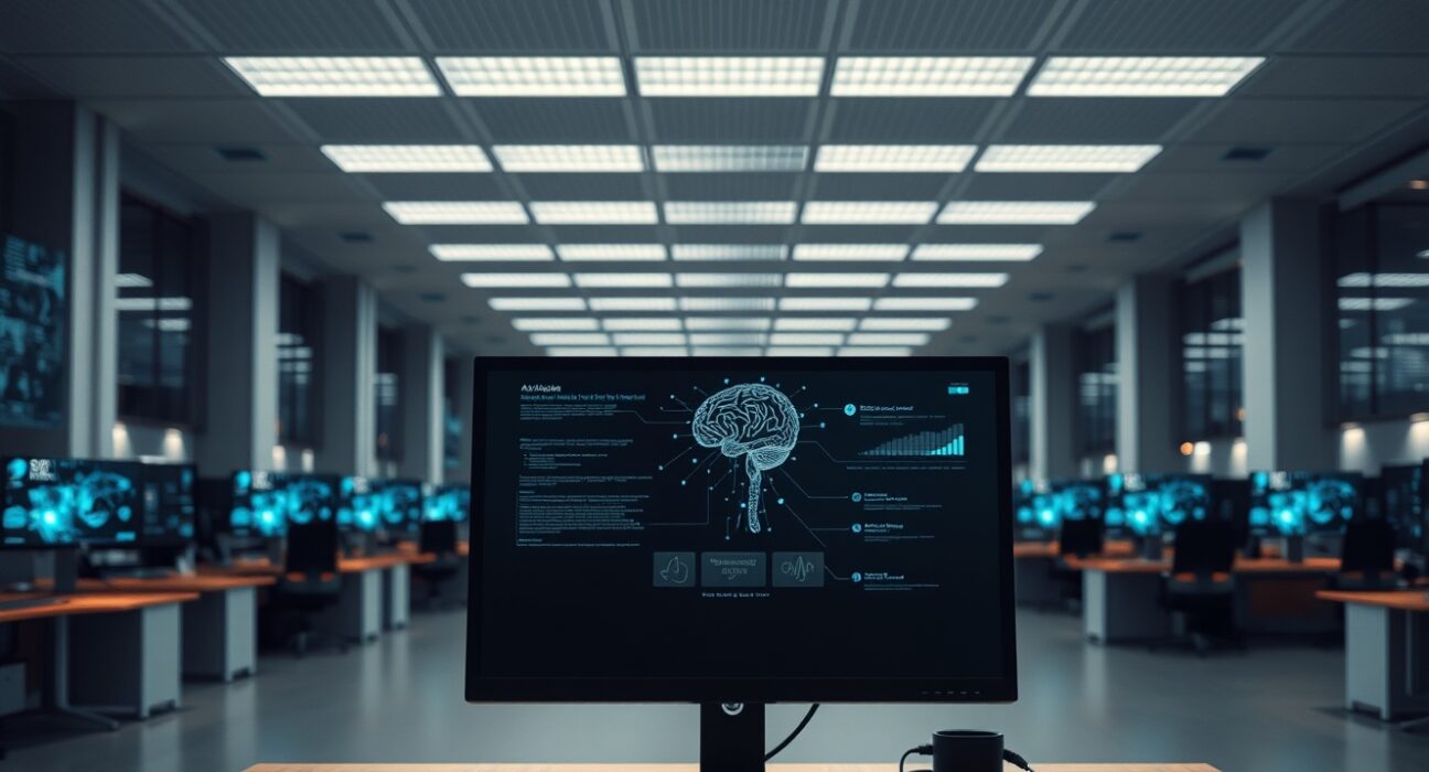 Empty corporate office with AI-themed data visualizations on monitors representing GM's workforce transformation toward AI.