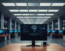Empty corporate office with AI-themed data visualizations on monitors representing GM's workforce transformation toward AI.
