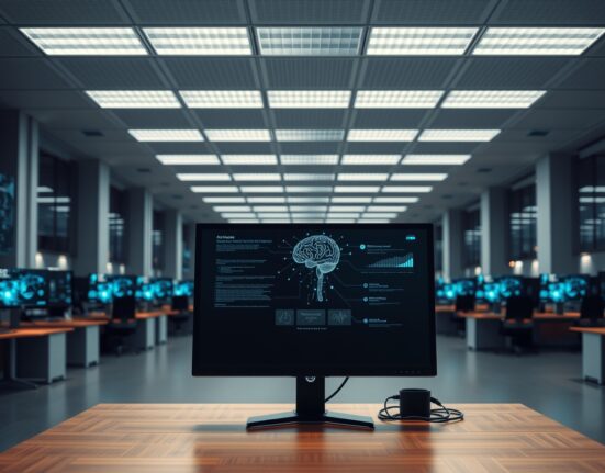 Empty corporate office with AI-themed data visualizations on monitors representing GM's workforce transformation toward AI.
