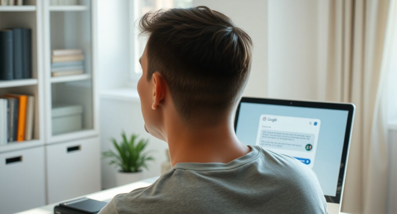 Person using Gmail Live voice AI feature on a laptop in a home office