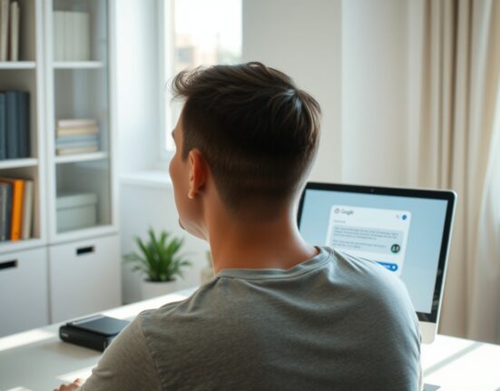Person using Gmail Live voice AI feature on a laptop in a home office