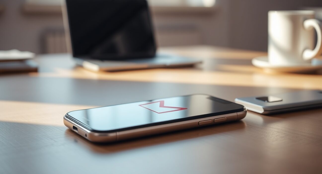 Smartphone on a desk showing Gmail interface with AI chatbot icon, representing Gmail Live voice feature