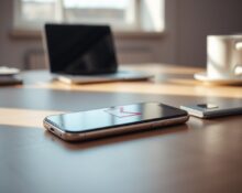 Smartphone on a desk showing Gmail interface with AI chatbot icon, representing Gmail Live voice feature